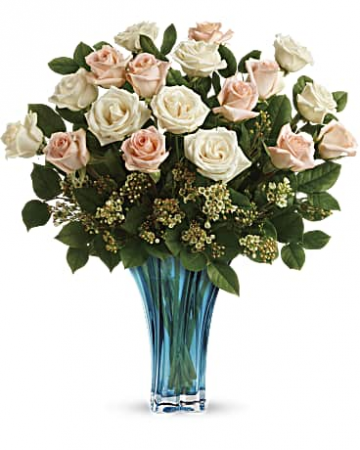 Teleflora’s Ocean of Roses Bouquet 24 mixed peach and white Roses vased