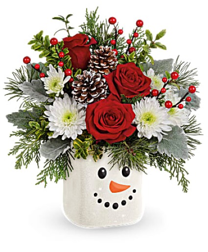 Teleflora's Smiling Snowman Fresh Arrangement with a Teleflora Keepsake