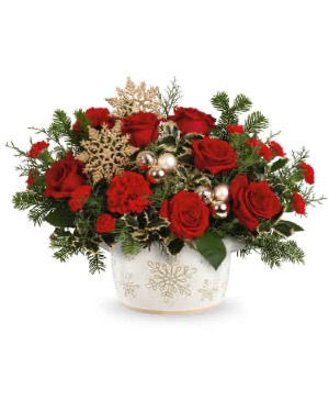 Teleflora’s Snowflake Symphony Red rose arrangement 