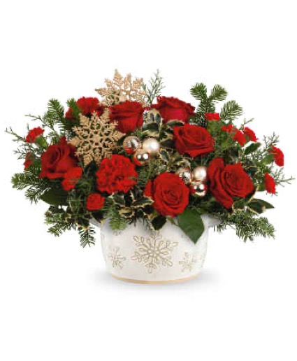 Teleflora’s Snowflake Symphony Red rose arrangement 