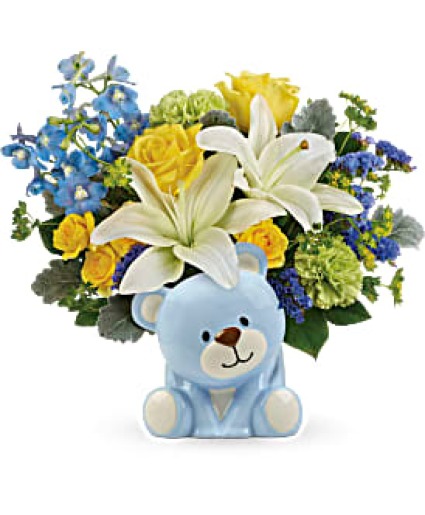Teleflora's Sunny Cheer Bear Bouquet Fresh Arrangement with a Teleflora Keepsake