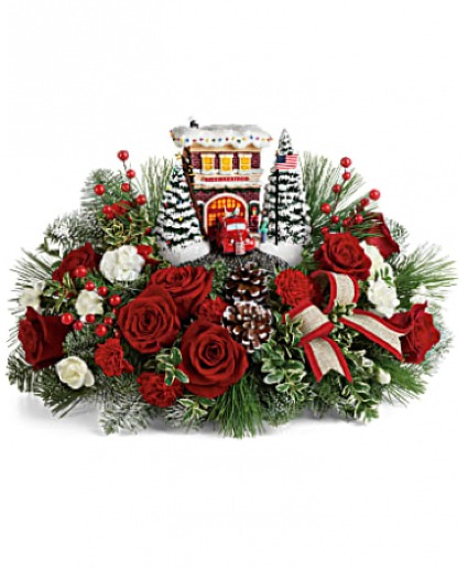 Teleflora's Thomas Kinkade Festive Firehouse 2019 Fresh Arrangement with a Teleflora Keepsake