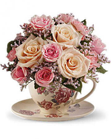 Teleflora's Victorian Garden Tea Cup Arrangement