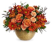 Teleflora’s Vintage Gold Centrepiece  Fall some flower/colours maybe substituted due to availability 