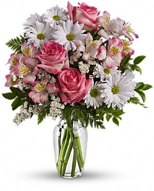What a Treat Bouquet Pink and white vasing