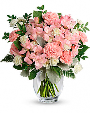 Teleflora's Whisper Soft Bouquet vase arrangement