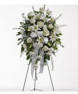Tender sentiments all white spray Funeral standing 