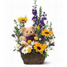 Teddy in Flowers Basket Arrangement with Teddy Bear included