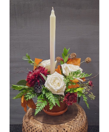 Terra Cotta with One Candles Arrangement   in Lake Geneva, WI | Pesche's Greenhouse Floral Design & Gift Gallery