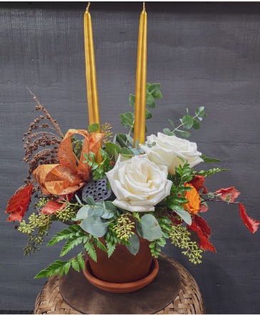 Terra Cotta with Two Candles Arrangement   in Lake Geneva, WI | Pesche's Greenhouse Floral Design & Gift Gallery