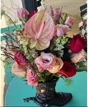 Texas Floral Valentine's Boot  Vase Arrangement