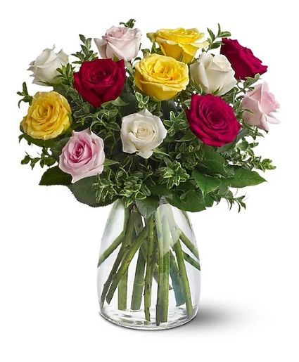 TFWEB334-A1 12 mix color roses in vase