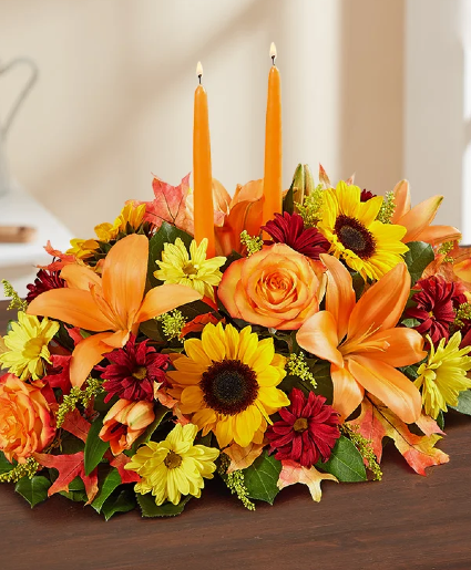 Thankful Dinner  Center piece Assorted Fall Flowers With Candles 