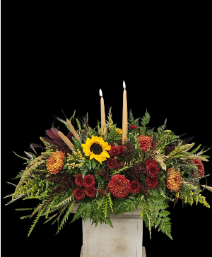Thankful Harvest long and low centerpiece with candles 