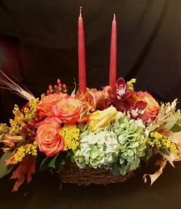 Thanksgiving Basket rustic oblong basket with 2 candles in Northport, NY | Hengstenberg's Florist