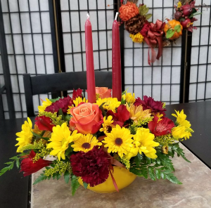 Thanksgiving Centerpiece With Candles Colors of Fall May Vary in Indianapolis, IN | SHADELAND FLOWER SHOP Thanksgiving Centerpiece With Candles Colors of Fall May Vary in Indianapolis, IN | SHADELAND FLOWER SHOP