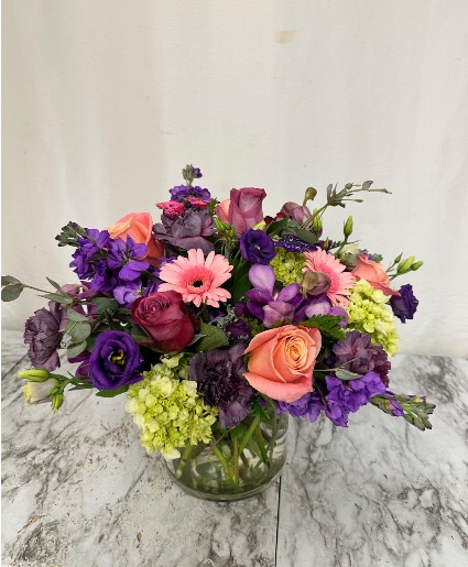 The Amanda Compact pink and purple flower vase