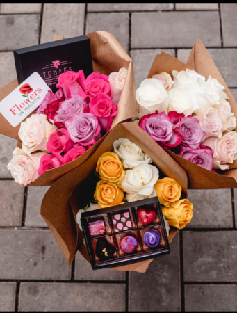 The Bundle  12 roses picked by us and a box of 12pc Temper 