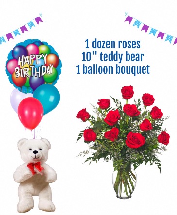 The bundle of love Balloons plush and roses in Del Rio, TX | DESIGNS BY HAPPY BALLOONS