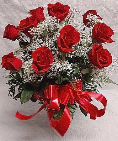 The Duryea's Dozen Dozen Roses with Baby's Breath in a Vase with a Bow