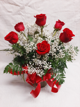 The Duryea's Half Dozen Six Roses with Baby's Breath in a Vase with a Bow