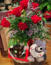 Dozen Rose Surprise Combo Vase Arrangement, Chocolate & Gift