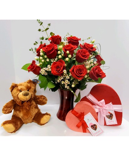 The Perfect Bundle Rose, Bear and Chocolate Arrangement