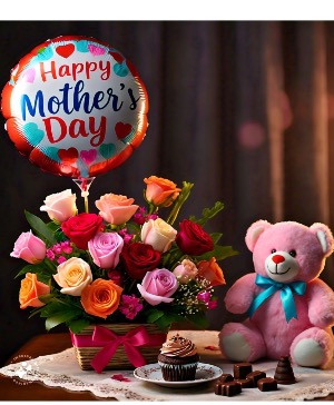 The perfect combo for MOM  Roses,teddy bear, chocolates,cup cake, balloon