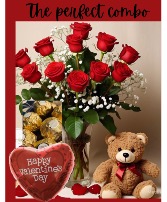 The perfect combo Roses ,plush,chocolates,balloon