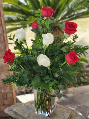 One Dozen Red and White Roses Arrangement