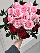 24 SPLENDID ROSES PINK & RED. Hand tied bouquet. No Vase.