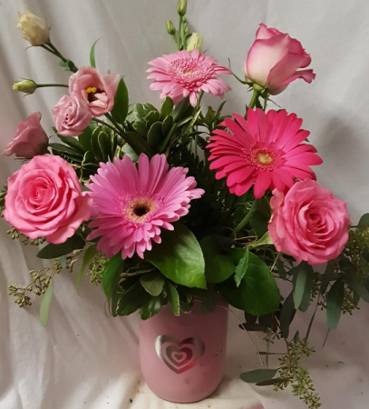 THINK PINK BOUQUET...Pink Mason Jar with silver heart and Pink Flowers that are in season. (Flowers types may vary)