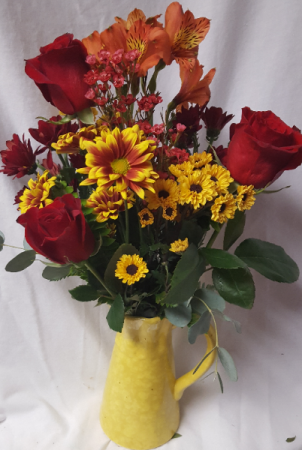 THINKING OF YOU BOUQUET...fall flowers with Red roses in a bright colored keepsake ceramic pitcher. (Pitcher color may vary)