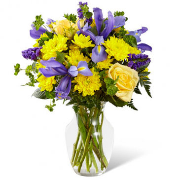 thinking of you vase of blue and yellows in Lebanon, NH | LEBANON GARDEN OF EDEN FLORAL SHOP