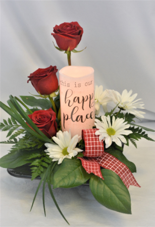THIS IS OUR HAPPY PLACE FRESH FLOWER ARRANGEMENT/CANDLE