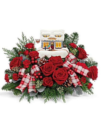 Thomas Kincaid's Sweet Shoppe Bouquet Fresh Christmas Centerpiece featuring the Keepsake 2022 Kincaid figurine