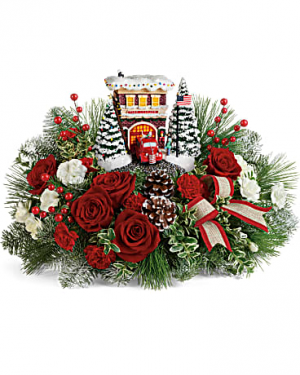 Thomas Kinkade's Festive Fire Station Bouquet Christmas Arrangement