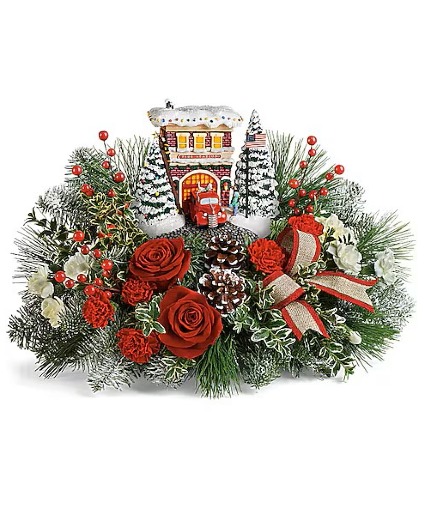 Thomas Kinkade's Festive Fire Station Bouquet Christmas Arrangement