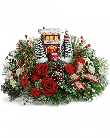 Thomas Kinkade's Festive Fire Station Bouquet Floral Arrangement