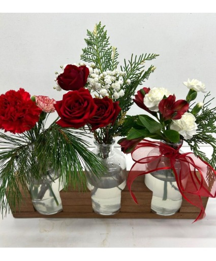 Three Bottles in Wood Vase Tis the Season 