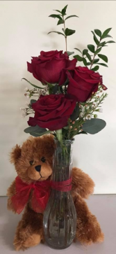 Three Bud Vase With Teddy Bear Valentine's Day