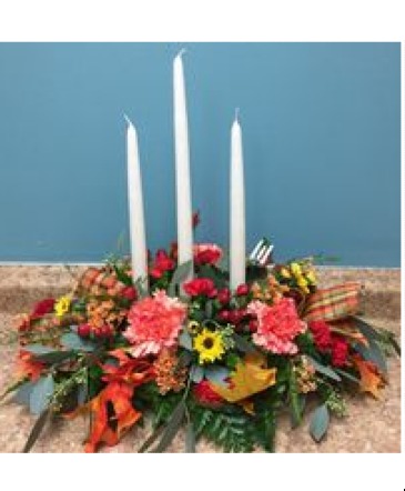 Three candle Thanksgiving arrangement Centerpiece in Glen Rock, PA | Flowers by Cindy