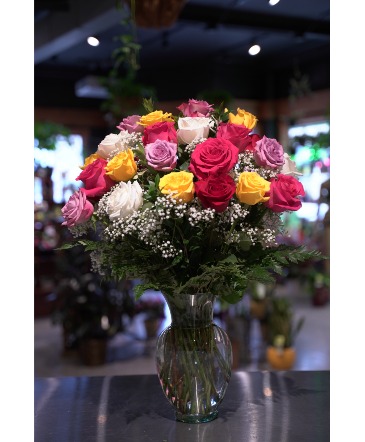THREE Dozen Mixed Roses Vased With Baby's Breath in South Milwaukee, WI | PARKWAY FLORAL INC.