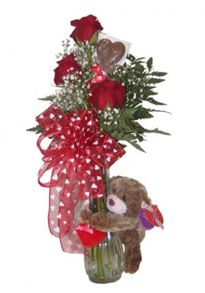 Three Roses and a Hugger Bear Roses, Hugger Bear and Chocolate Heart