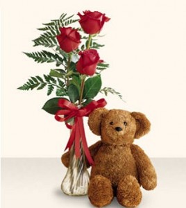 Three Vased Red Roses & Bear 