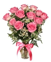 tickle me pink dozen pink roses with fillers