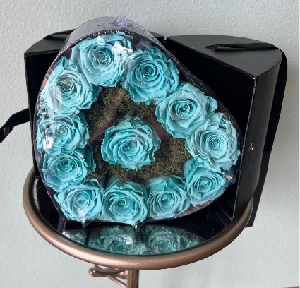 Tiffany Blue Roses in Black Heart Box Preserved Roses