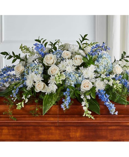 Timeless Essence Blue and white casket spray