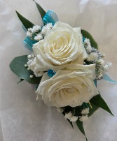 Tiny white rose, and teal Wrist corsage