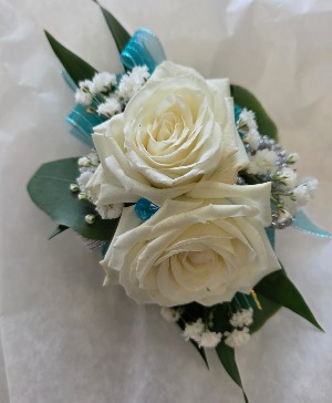 Tiny white rose, and teal Wrist corsage
